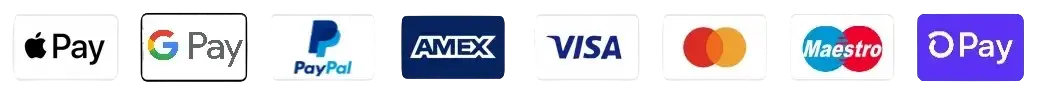 Accepted payment methods: Apple Pay, Google Pay, PayPal, Amex, Visa, Mastercard, Maestro, Shop Pay